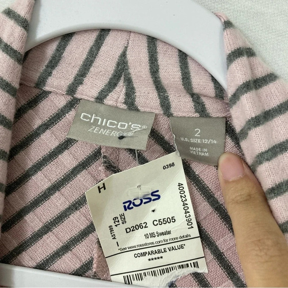 New Chico's Light Pink Striped Knit Open Front Cardigan size Large/2 - Picture 2 of 10